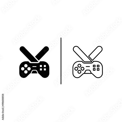 Gaming controller icon set in solid and outline style for game development and user interface design with controller joystick entertainment