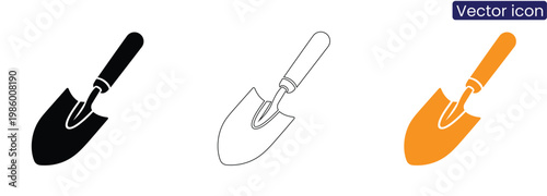 Trowel icons in black, White, And orange on white background for gardening and construction concepts