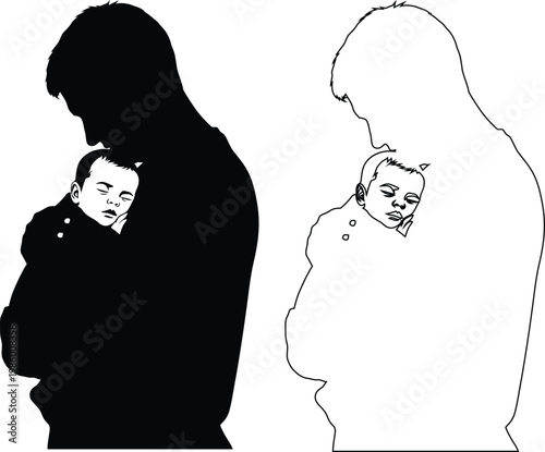 Illustration of two parents holding sleeping babies in silhouette contrast