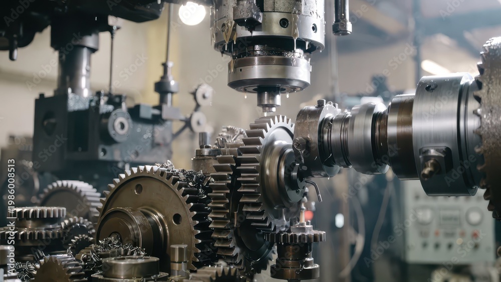 Fototapeta premium Close-Up View of Industrial Machine Gears and Mechanical Components