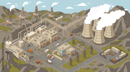 Industrial complex with factories and nuclear power plant emitting smoke.