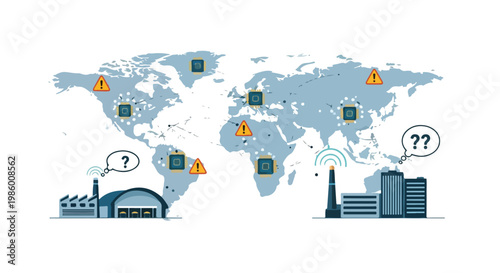 Global semiconductor shortage impact on world industry and manufacturing illustration
