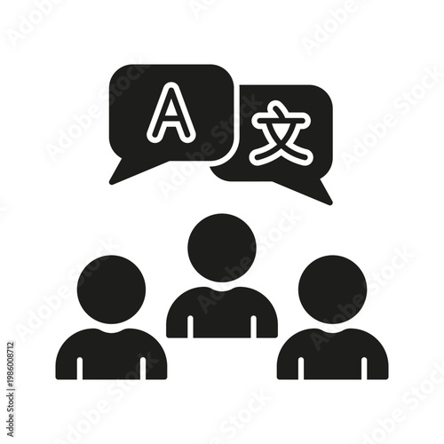 Multilingual Communication Team Solid Icon. Language Translation, Cross-Cultural Interaction, And Global Collaboration Silhouette Symbol. International Networking. Isolated Vector Illustration