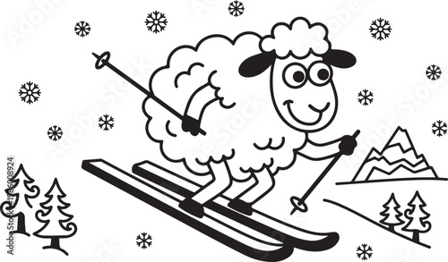 Cartoon sheep skiing down a snowy mountain slope with mountain outdoors activity recreation vacation illustration character happiness downhill snowflakes