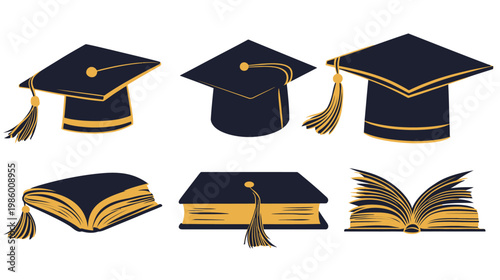 A collection of educational icons in gold and blue, featuring graduation caps and books