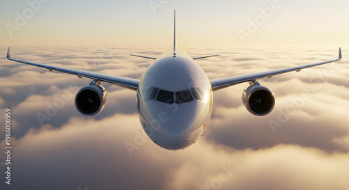 Commercial jet flying above golden clouds at sunrise, sustainable aviation concept, front view of passenger airplane, global travel, aerospace technology, air transport industry.
