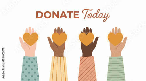 Diverse hands offering glowing hearts, symbolizing donation and charity today