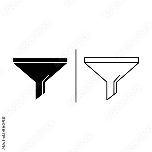 Funnel filter flat and outline icon set for sorting and filtering data or liquids with filtering chemistry laboratory transfer application