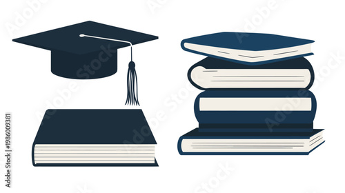 Stylized illustration featuring a mortarboard, single book, and stack of books, all with navy and off-white