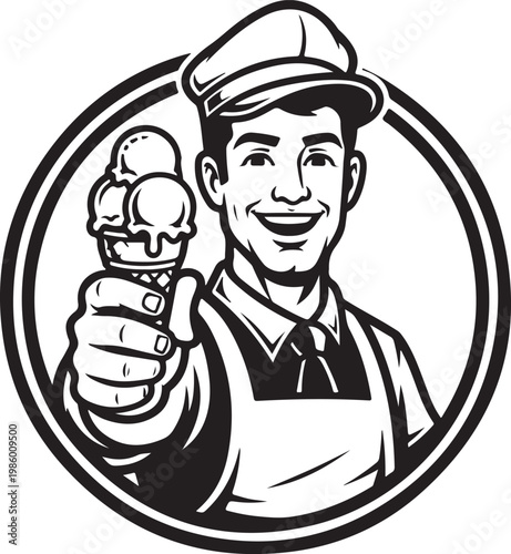Cheerful ice cream vendor offering triple scoop cones to customers - stock vector.