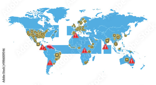 Global semiconductor shortage map with microchip icons and red warning symbols on world continents