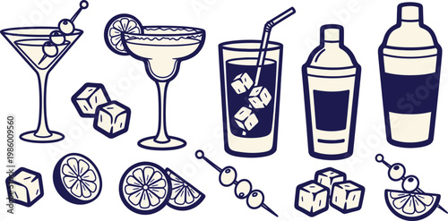 Cocktail collection a hand drawn illustration of classic drinks and garnishes