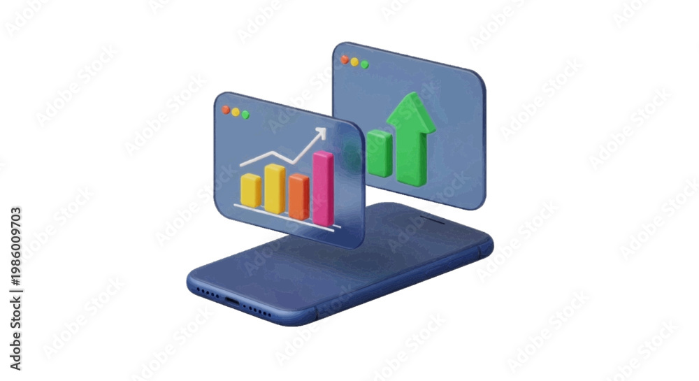 Fototapeta premium Vector illustration of 3d illustration of business growth charts on a smartphone screen on a transparent background