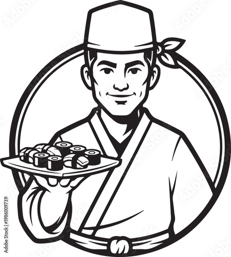 Cheerful chef presenting traditional sushi on a silver tray - stock vector.
