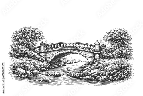 Elegant engraved illustration of a classic stone arch bridge crossing a flowing stream, surrounded by lush trees and garden rocks.