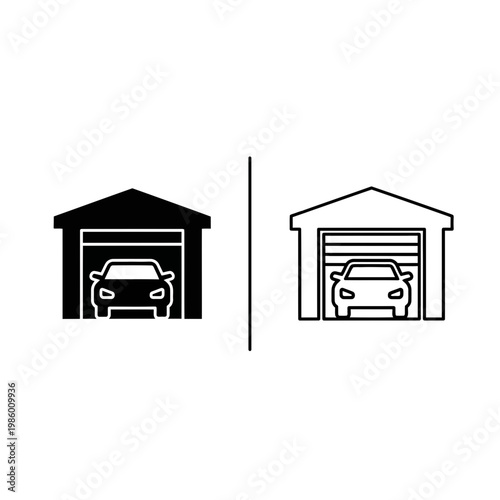 Car parked inside a garage icon representing vehicle storage parking home auto solutions with real estate building transport property residential