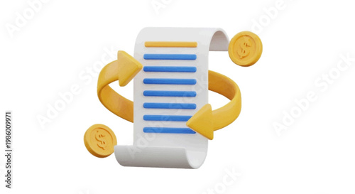 Vector illustration of financial transaction cycle with document, arrows, and coins on a transparent background