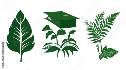 A dark green collection of botanical silhouettes including leaves, ferns, books, and mortarboard