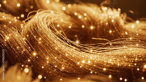 Abstract golden fiber optic cables representing high speed digital data transmission and global connectivity.