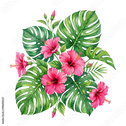 Vibrant Tropical Monstera Leaves and Pink Hibiscus Flower Watercolor Arrangement Botanical PNG