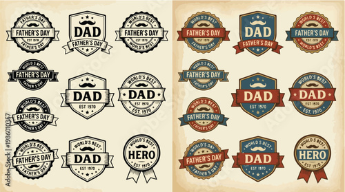 Collection of Father's Day Badges and Labels Featuring Dad and Hero Themes with Moustaches and Vintage Styles for Celebrations and Gifts
