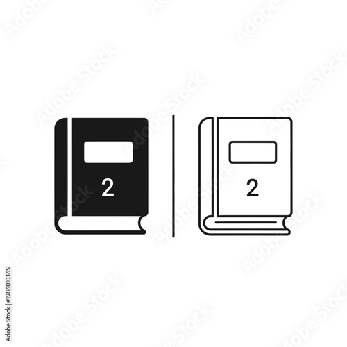 Set of black solid and outline book icons with number two on cover representing second volume or part of series literature education textbook