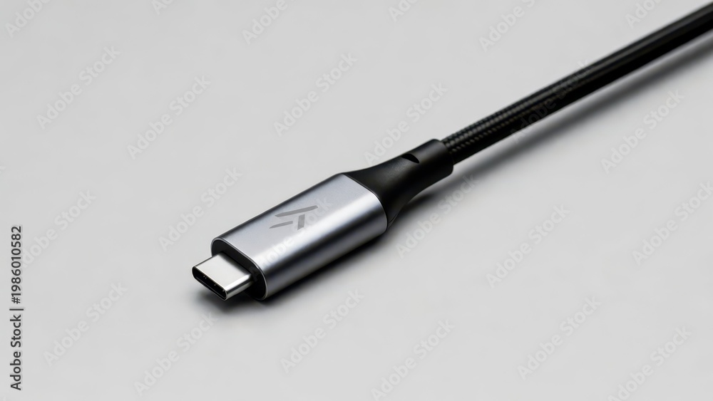 Fototapeta premium High-Quality USB Type-C Cable with Metallic Finish on Grey Background