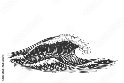 Classic engraved style of a powerful ocean wave curling in the sea, featuring detailed line work and dramatic water movement.