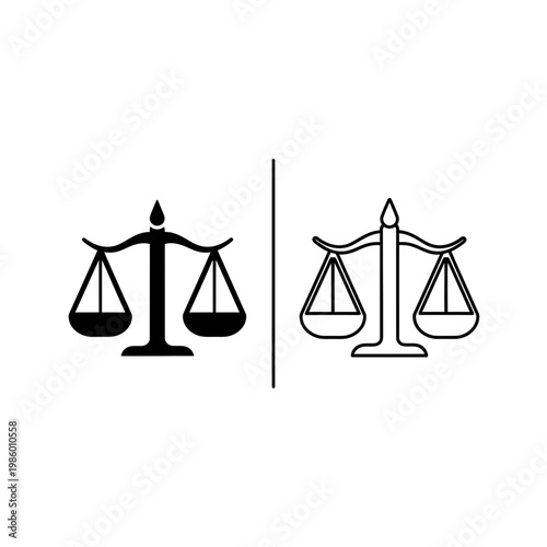Scales of justice and law balance icons in solid and thin outline styles with equality attorney judgment fairness measurement advocacy morality