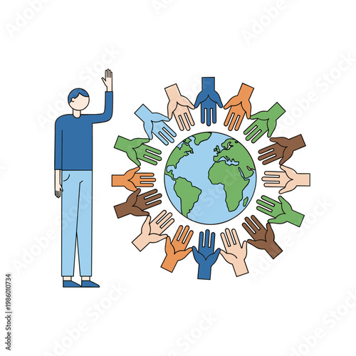 Global teamwork concept with diverse hands around earth illustration