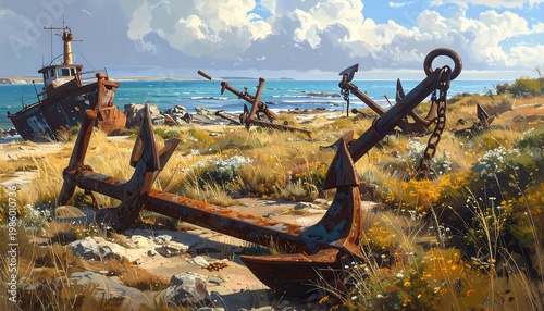 A rusty anchor on a rocky beach with a shipwreck