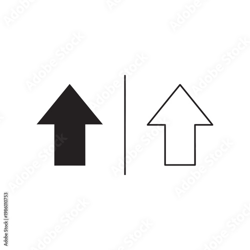 Simple black solid and outline upward pointing arrow icons for uploading data and directional navigation systems with white background, increase