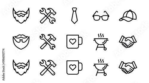 Collection of Father's Day Icons Representing Dad's Hobbies and Interests Such as Beards Tools Ties Glasses Caps Mugs Grills and Handshakes for Family Bonding and Celebration