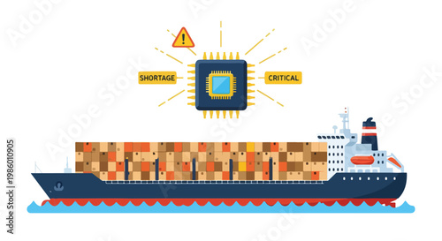 Illustration of global semiconductor shortage impacting shipping and logistics with microchip icon