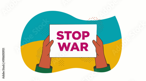 Hands holding 'STOP WAR' sign against a background inspired by Ukrainian flag colors