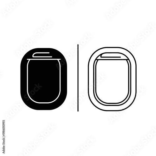 Airplane window icon set in solid and outline style for air travel with airplane aircraft aviation transportation porthole vacation aerospace