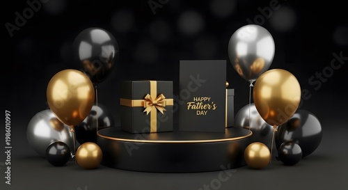 Elegant father's day gift golden balloons and black present box celebration
