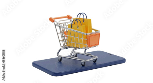 Vector illustration of miniature shopping cart with yellow bags on blue mat on a transparent background