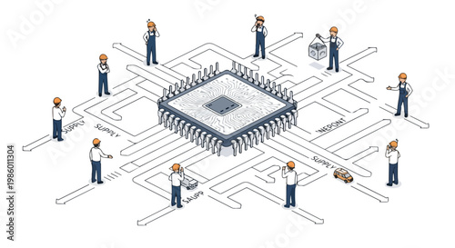 Isometric illustration of workers managing global semiconductor supply chain and microchip shortage