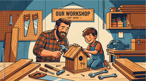 Father and Son Bonding in a Workshop Building a Birdhouse Together with Tools and Wood, Celebrating Family Time and DIY Projects