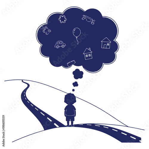 Childhood dreams and aspirations boy on the road envisioning future house car toy and balloon illustration
