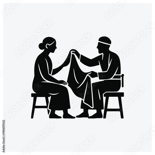 Couple washing laundry together silhouette illustration