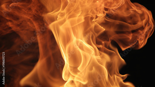 A close-up view of vibrant orange flames burning against a dark background