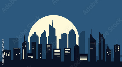City Skyline Silhouette at Night with Bright Full Moon and Dark Blue Sky