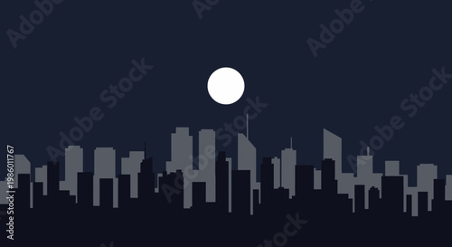 Dark Night City Skyline Silhouette with Full Moon on Deep Blue Sky Background