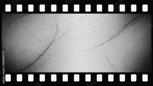 A black and white film strip with a textured, vintage aesthetic and visible film grain