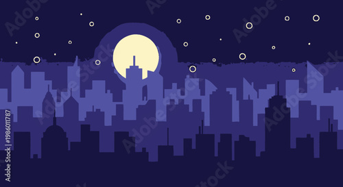 Serene Night City Skyline Silhouette with Full Moon and Stars on Dark Blue Background