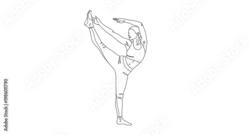 Graceful Female Dancer Stretching High Leg in Ballet Pose Line Art on Isolated White Background