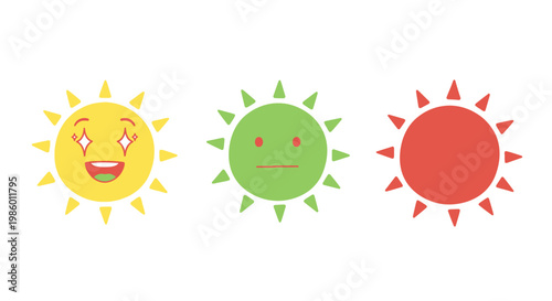 Emotional Sun Icons Set Expressing Happy, Neutral, and Angry Moods on Isolated White Background