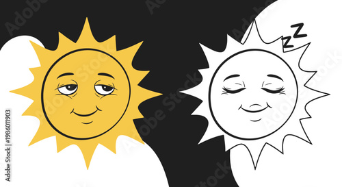 Illustration depicting a bright yellow happy sun on a black background, contrasted with a sleeping outline sun on a white background, symbolizing day and night.